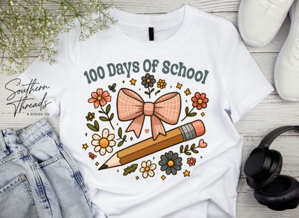 100 Days of School Bow with Pencil and Flowers